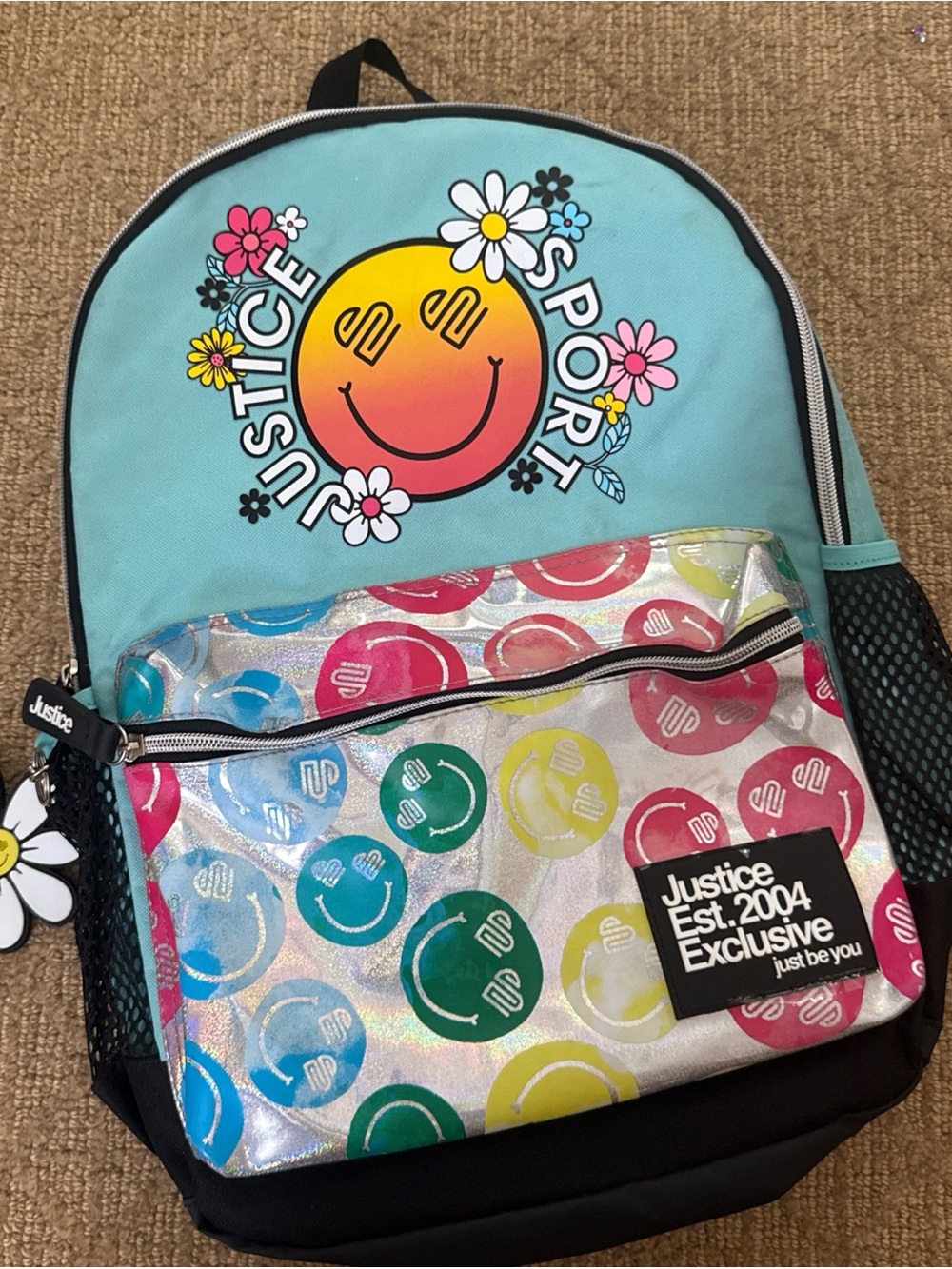 Justice Teal Backpack with Multicolor Smiley Front Pocket